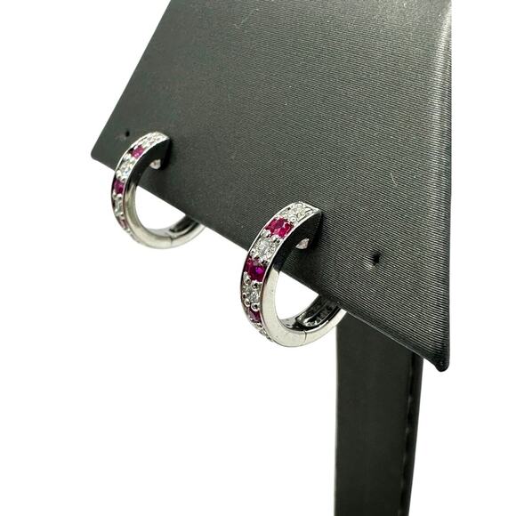 Shane Co. 14K White Gold Diamon & Red Stone Mini Hoop Earrings (16204) - Picture 1 of 16